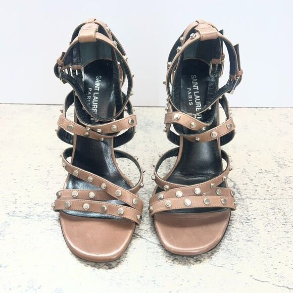 Saint Laurent Paris Jerry Studded Buckle Brown Leather Strappy Heels Womens 6 - Picture 3 of 12
